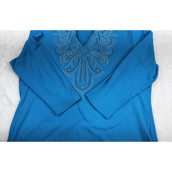 JM Collection Embellished V Neckline Popover Top 3/4-Sleeve Turquoise Size L - Picture 5 of 12